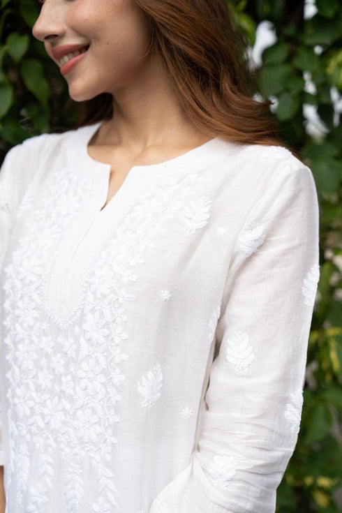 Ria Malhotra in Hand Embroidery Chikankari Long Kurti for Women In Chanderi Silk White-6